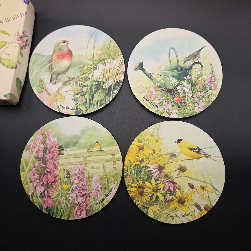 Marjolein Bastin Wildflower Meadow Coasters Set of 4 Birds Flowers Cork Base